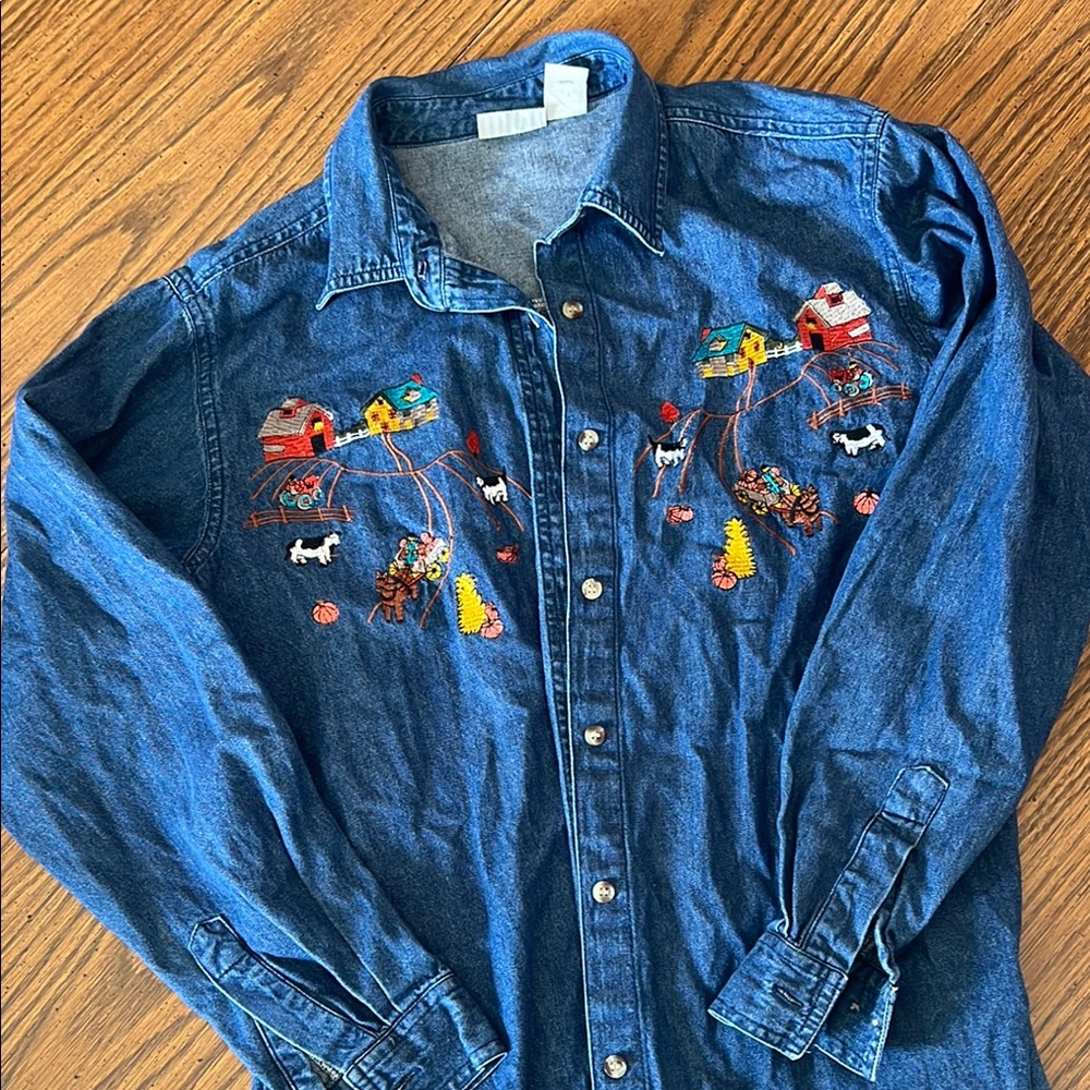 Embroidered Denim Shirt with Farm Design